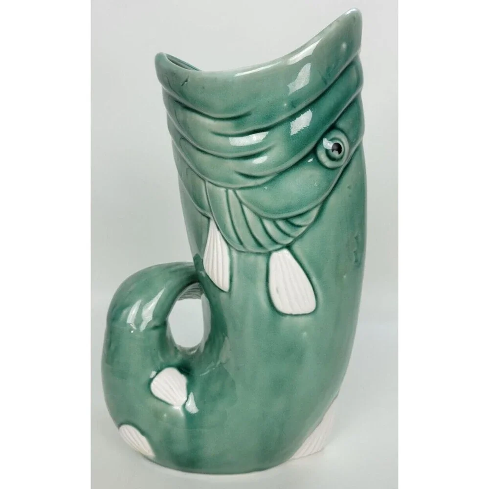 Large Green Ceramic Largemouth Bass‎ Fishing Fish Vase 12